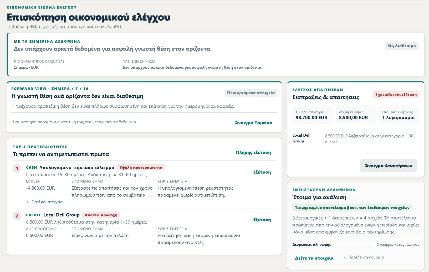 Επισκόπηση οικονομικού ελέγχου Financial Operator με Cash Control, Credit Control, προτεραιότητες και κατάσταση εμπιστοσύνης δεδομένων